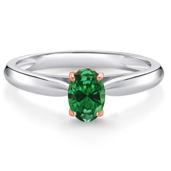 Gem Stone King 925 Sterling Silver and 10K Rose Gold Prongs Green Created Emerald Solitaire Engagement Ring for Women (0.35 Cttw, Oval 6X4MM, Gemstone May Birthstone, Available in Size 5, 6, 7, 8, 9)