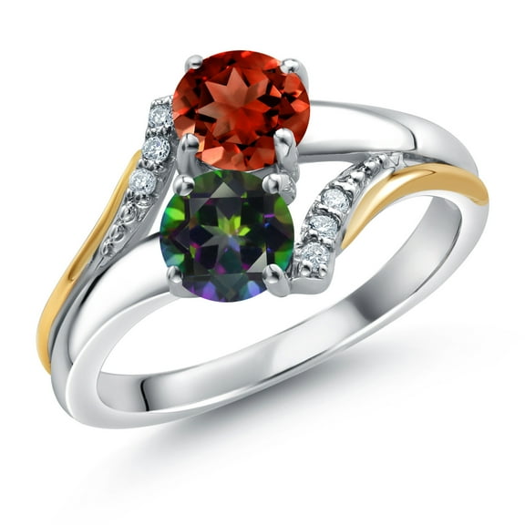 10K Yellow Gold and 925 Silver Green Mystic Topaz and Red Garnet and White Lab Grown Diamond Accent Engagement Ring for Women (1.58 Cttw, Gemstone November Birthstone, Round 5MM, Size 5)