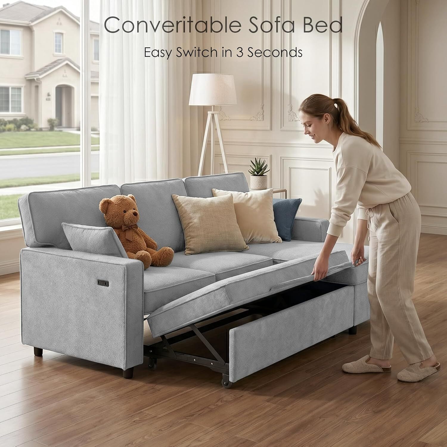 avobird 89'' Pull Out Sofa Bed, L Shaped Sleeper Sofa with Flip-Down Center Console & Charging Ports, Chenille Convertible Sofa for Apartment/Living Room, Light Gray