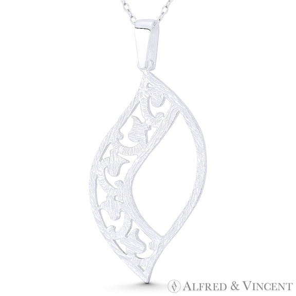 Textured Leaf & Sprout Charm 47x22mm (1.9x0.9in) Pendant & Chain Necklace in .925 Sterling Silver