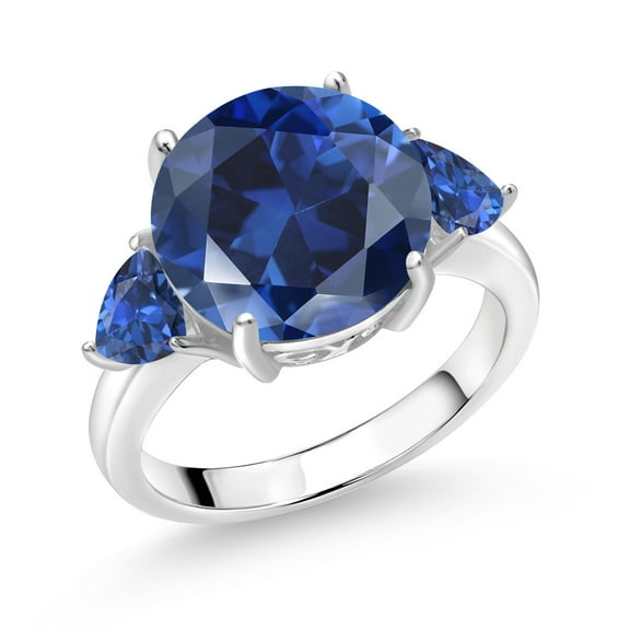 Gem Stone King 925 Sterling Silver Blue Simulated Sapphire and Blue Created Sapphire 3-Stone Ring for Women (7.08 Cttw, Round 12MM, Trillion 5MM, Size 6)