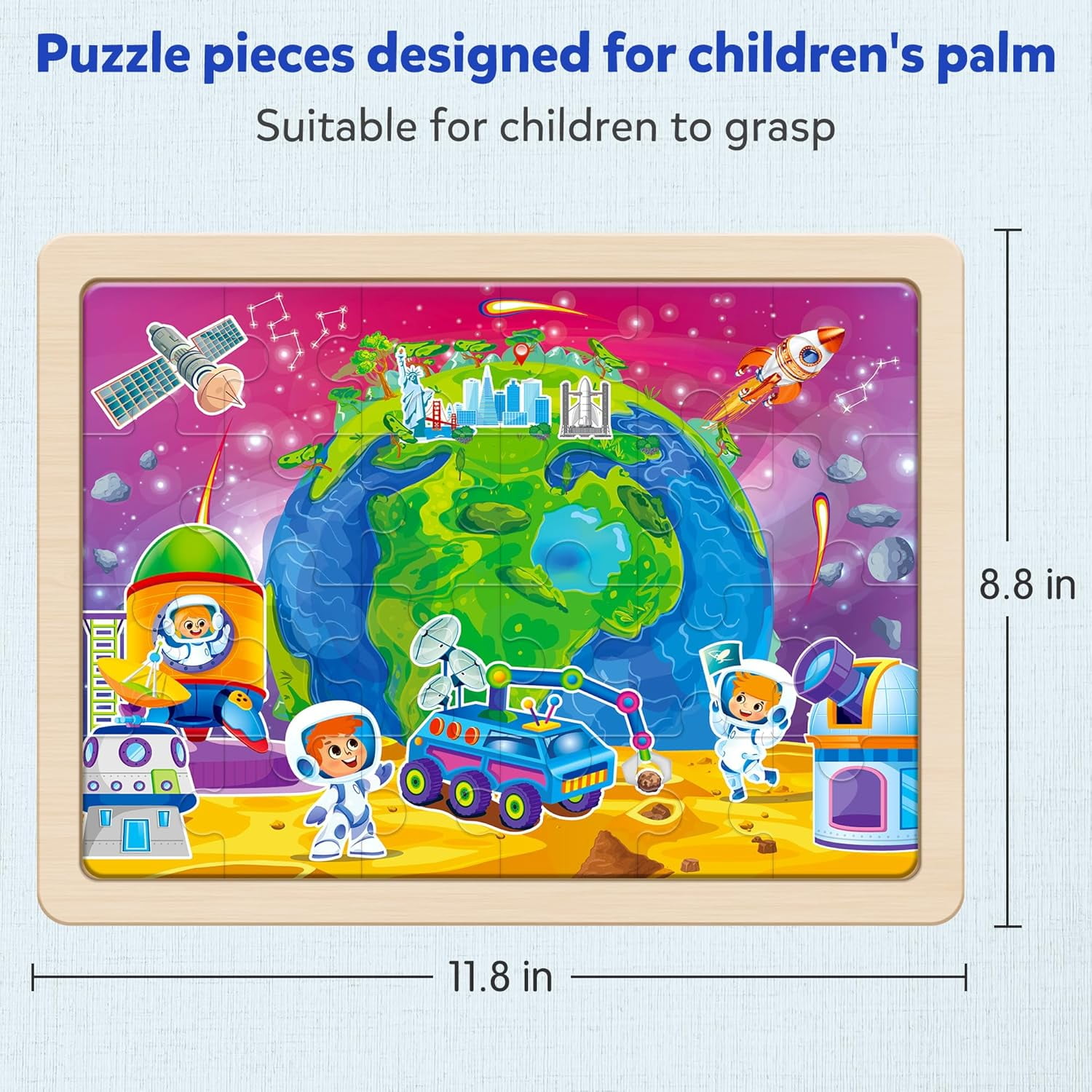 SYNARRY 4-in-1 Wooden Puzzle Set for Kids Age 3-8, Large USA Map, World Map, Earth & Solar System, 24pcs Each, FSC Certified Jigsaw Puzzles