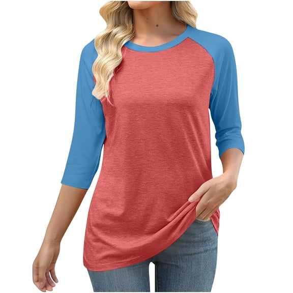 thefmos Women Plus Size Fall Winter Round Neck 3/4 Sleeve Color Block Pullover Tops Casual Basic Tshirt Loose Fit Comfy Blouses for Women Cute Trendy Work Business Clothes, Red 3XL