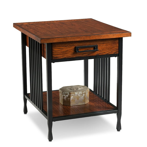Leick Home Ironcraft 22" Rustic Side Table with Drawer and Shelf, Mission Oak Finish