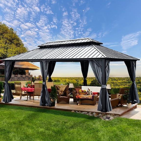 Dextrus Double Roof Hardtop Gazebo, Heavy Duty Hardtop with Netting and Curtains, Outdoor Galvanized Steel Combined of Vertical Stripes Roof for Patio, Backyard, Deck, Lawns-12x20ft, Gray