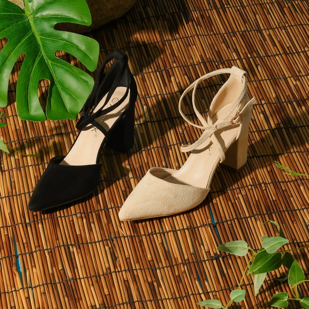 Unique Bargains Women s Pointed Toe Buckle Cross Strap Chunky Heels Black Sandals Pumps 9 M Us Black 9
