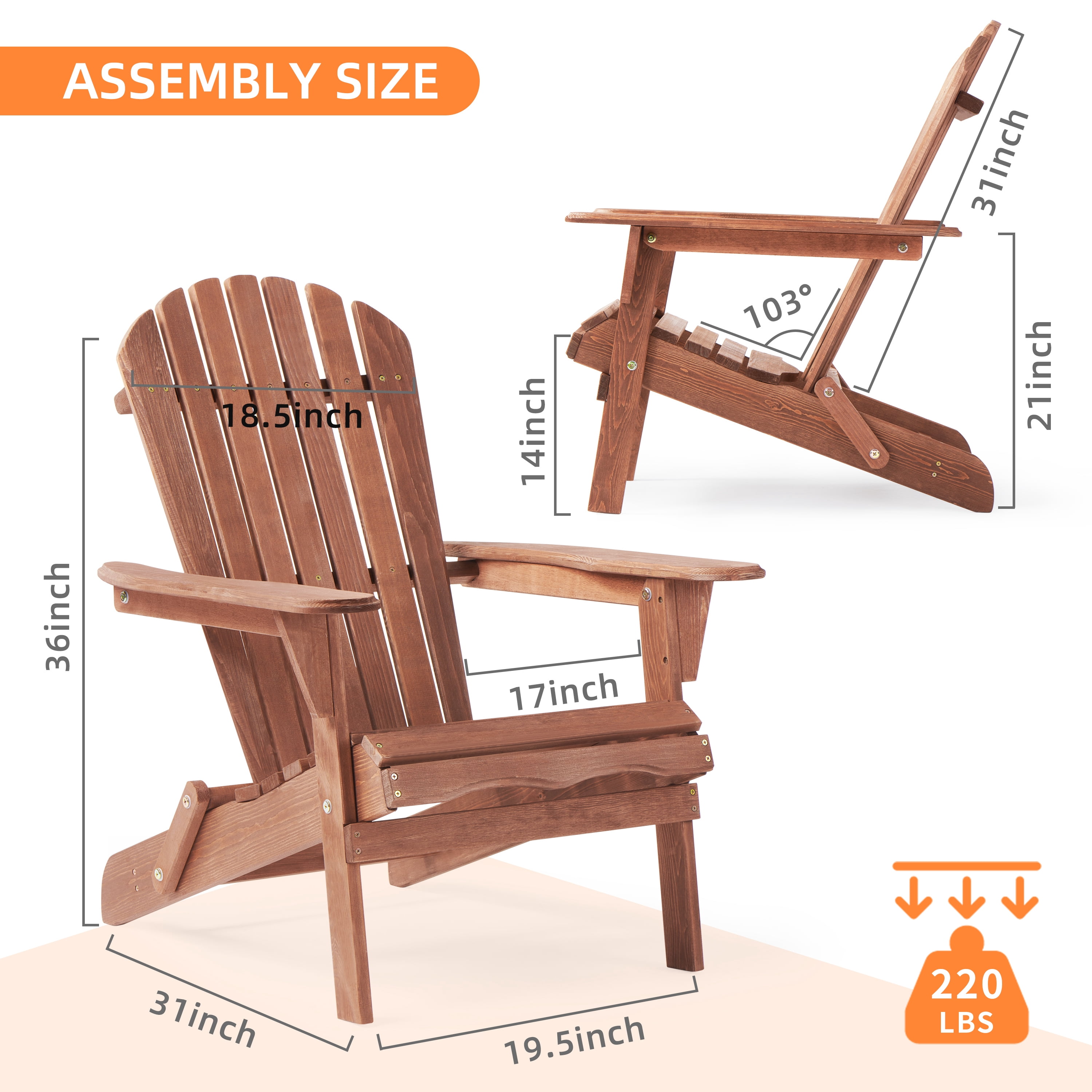 Wooden Folding Adirondack Chair Half Pre-Assembled Wood Lounge Chair Backyard Porch Pool Deck