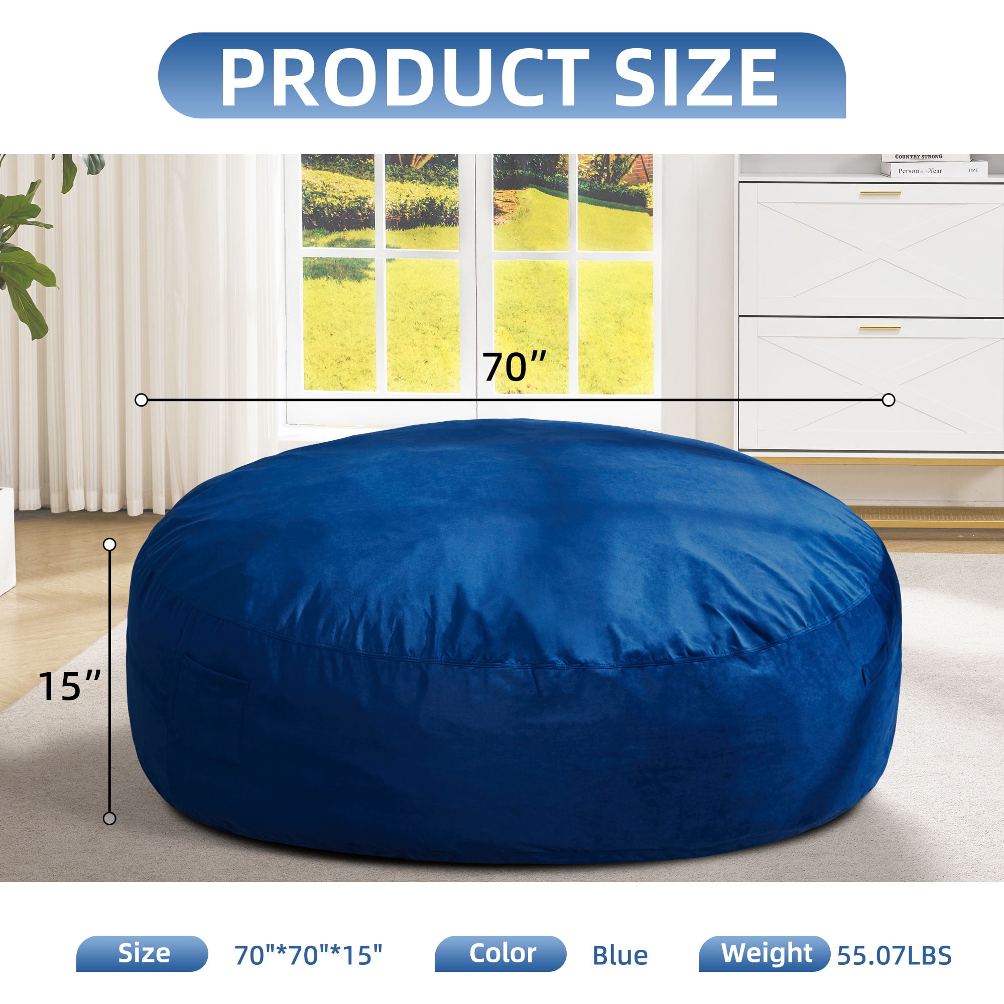 Hobestluk 6FT Bean Bag Chair Bean Bag Chairs for Adults Giant Bean Chairs with Velvet Cover, Memory Foam BeanBag Chair Fluffy BeanBag Chairs for Living Room, Bedroom- Blue (70" x 70" x 15")