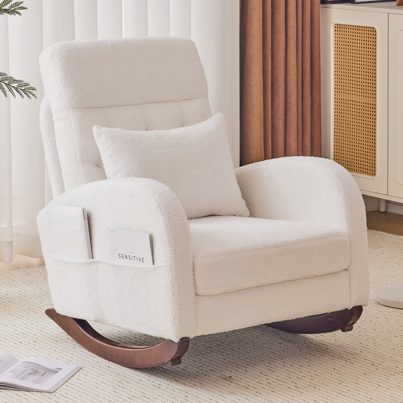 Ktaxon Rocking Accent Chair Glider Reading Chair Comfy Teddy Velvet Upholstered Single Sofa Rocker for Living Room, Nursery, Bedroom Beige