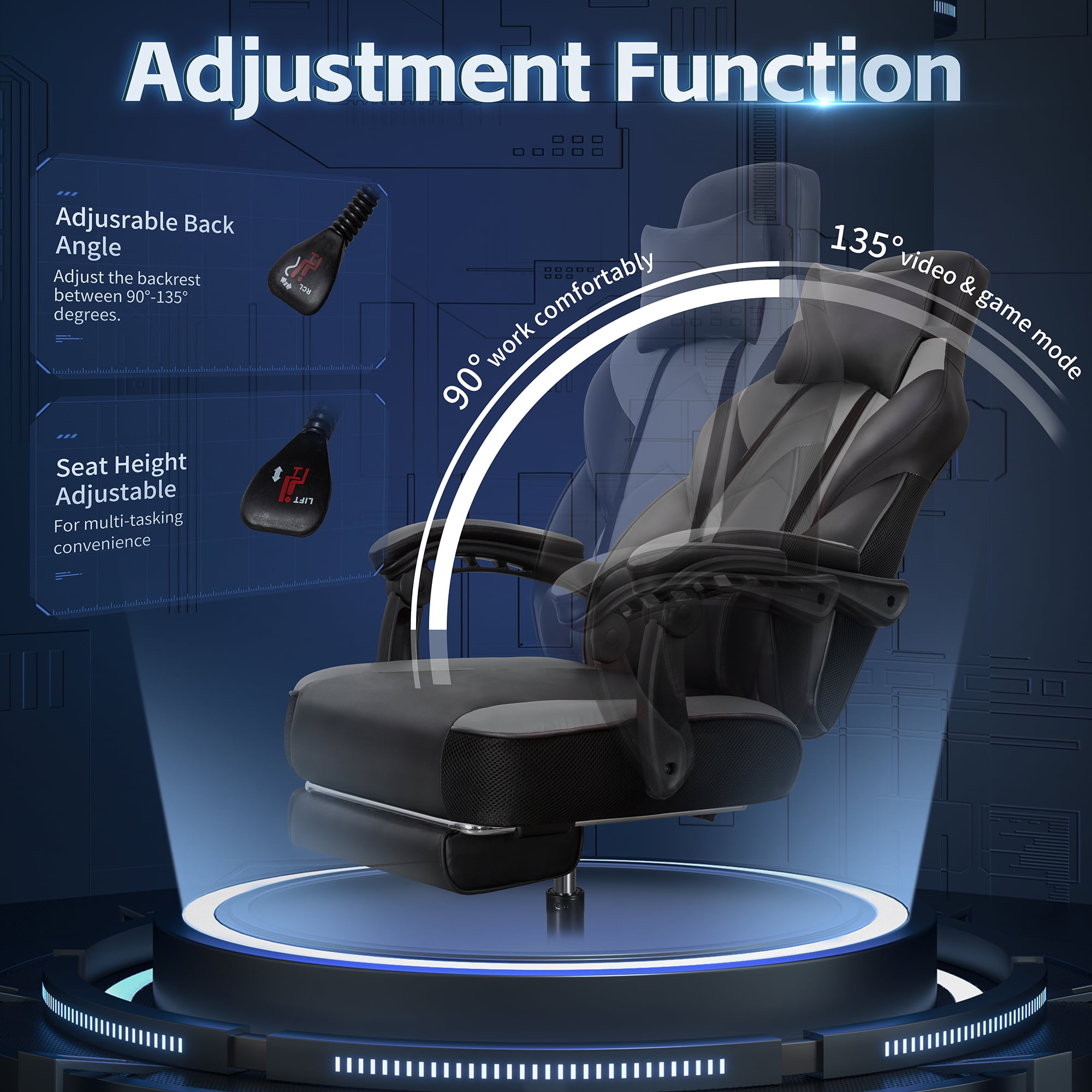 Walsunny Ergonomic Gaming Chair with Adjustable Footrest and Massage Leather Game Chair large gaming chair with Headrest and Lumbar Support for Adults, Gray