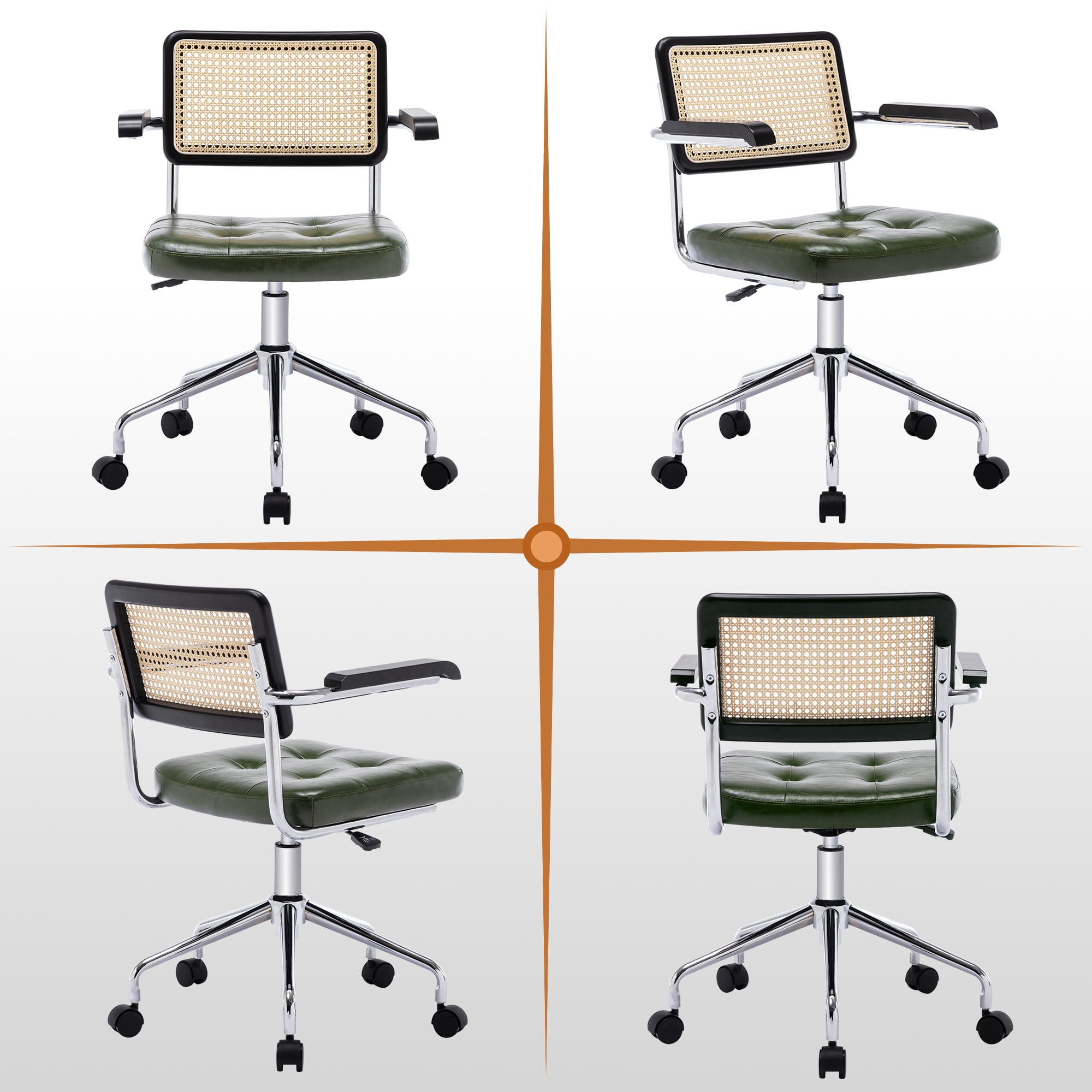ONEVOG Tufted Leather Desk Chair, Swivel Home Office Chair with Rattan Back, Upholstered Vanity Chair with Arm, Adjustable Height Computer Task Chair, Green