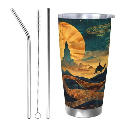 

Zeuib Sunset Desert Journey Printed 20oz Stainless Steel Insulated Car Cup Stainless Steel Thermal Cup Vacuum Insulated Leak-proof Travel Mug Cup-Straw Three-piece Set