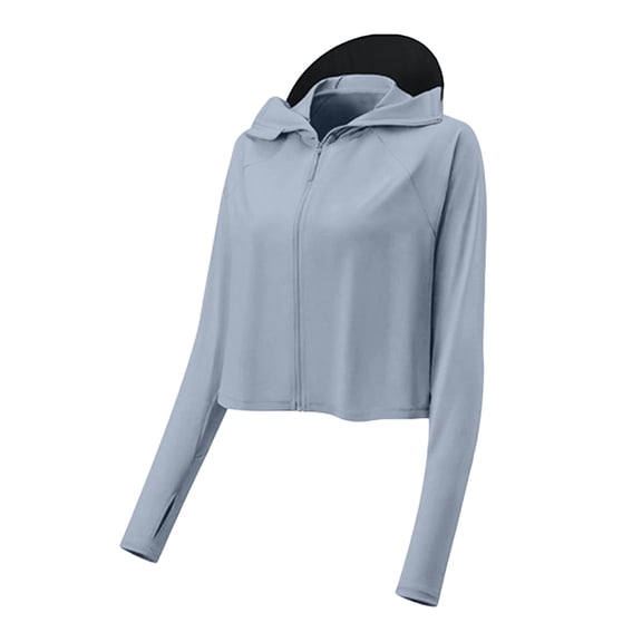 Domuza Women's Upf 50 Sun Hoodie Shirts with Brim and Mask Long Sleeve Solid Shirts Summer Fashion Uv Protection Ice Silk Sunscreen Blouses Blue One Size