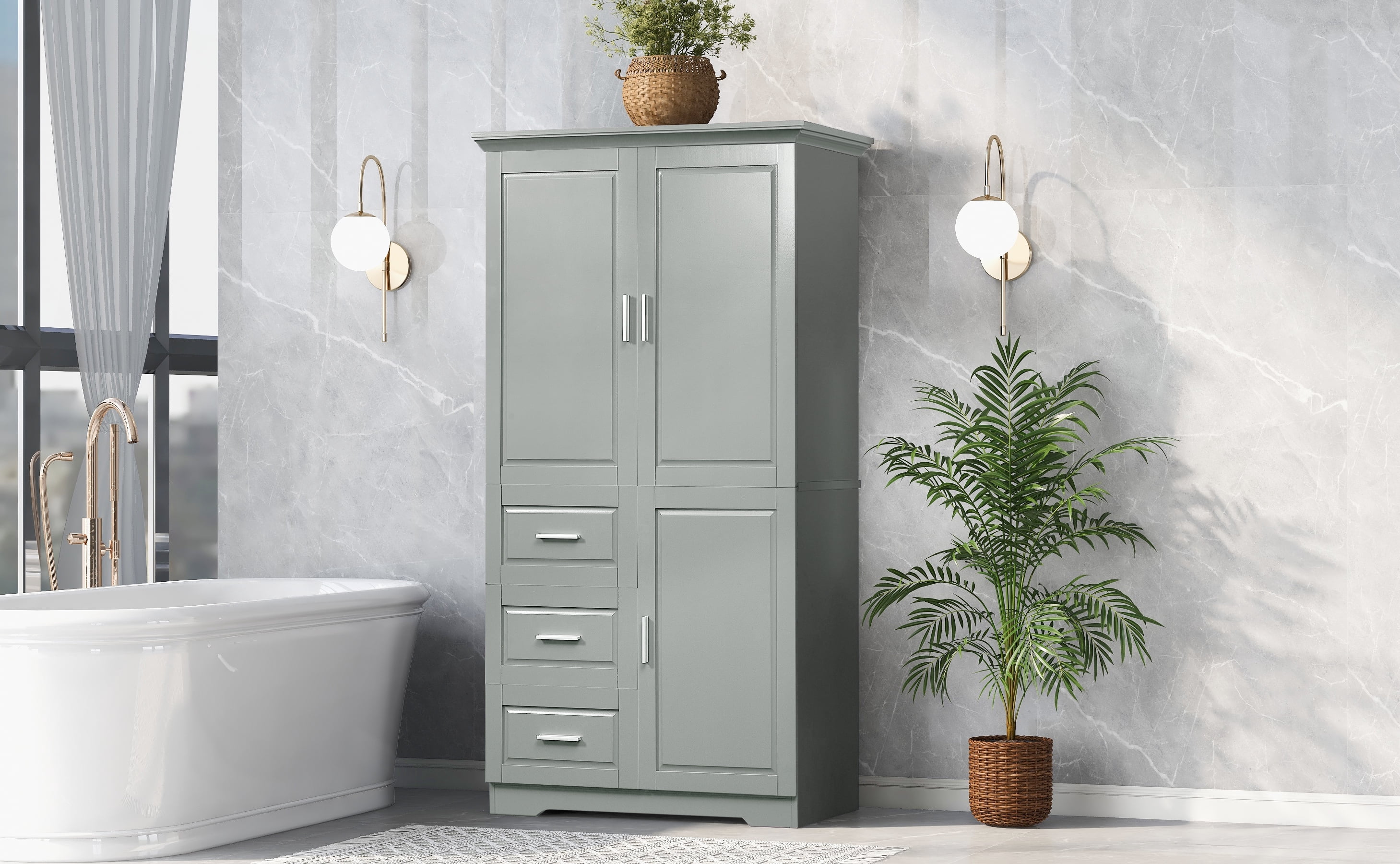 Euroco Tall Freestanding Storage Cabinet with 3 Drawers and Adjustable Shelf, Wide Linen Tower Cabinet with Doors, Waterproof Painted MDF, Anti-Tipping Kit