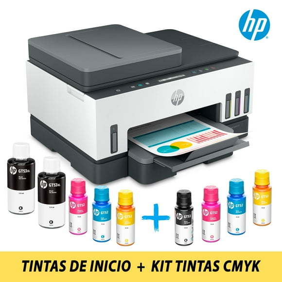 Impresora Multifuncional HP Smart Tank 750 de Tinta Continua Color Wi-Fi Smart App Dúplex ADF + PACK TINTAS CMYK