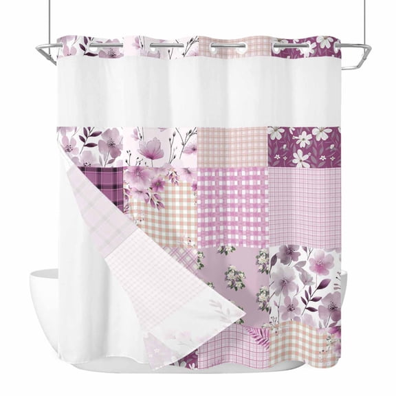 No Hook Boho Purple Flowers Shower Curtain with Snap in Liner Set, Spring Floral Botanical Patchwork Vintage Waterproof Bathroom Curtains with See Through Top Window, Hotel Style Long 72 x 78 Inch