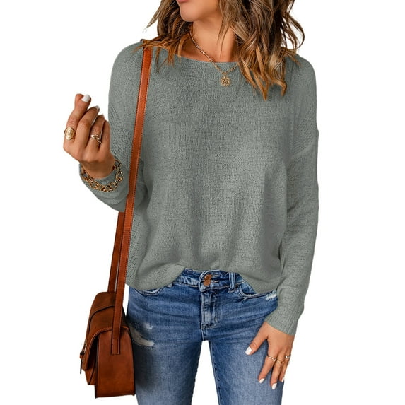 Asyoly Women Crochet Knit Pullover Sweater Crewneck Long Sleeve Lightweight Solid Color Jumper Tops
