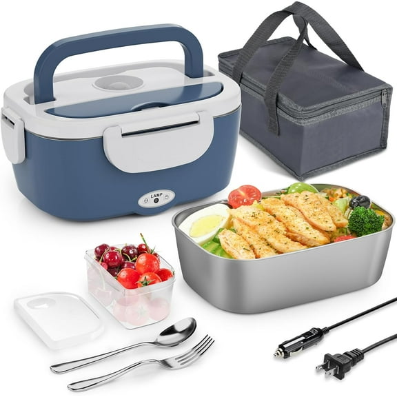 Electric Lunch Box Food Heater - 3 in 1 Portable Leakproof Heated Lunch Box for Car/Home/Adults with 1.5L Removable 304 Stainless Steel Container, 60-80W, 12V/24V/110V(Grey Blue)