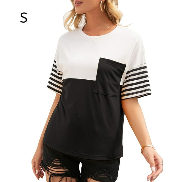 Camiseta de mujer Bloque de color a rayas Manga corta Cuello redondo Top suelto, Negro, S Vogacara AP001245-01