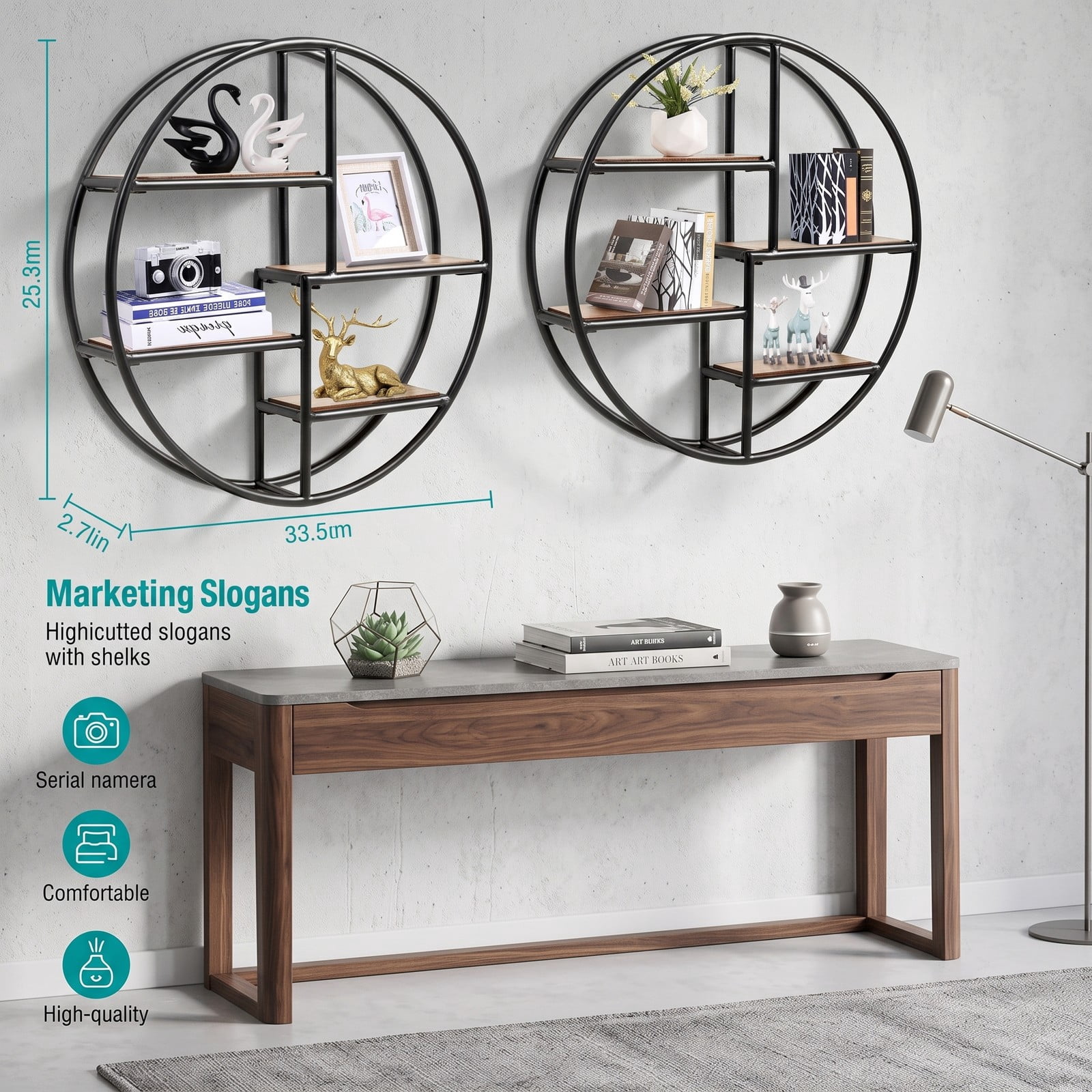 Furnibear Round Floating Shelf 4-Tier Wall-Mounted Storage Rack, Solid Wood and Metal Circular Hanging Display Shelves for Living Room Bedroom Bathroom Office, Black
