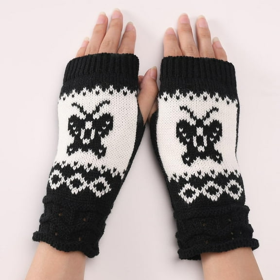 2 Pairs Polyacrylonitrile Fiber Yarn Knitting Fingerless Gloves Winter Warm Gloves with Thumb Hole Butterfly Pattern Black 200x80mm