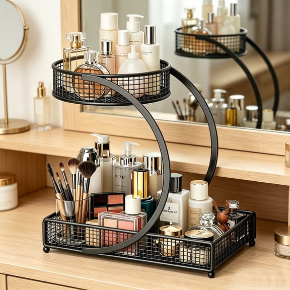 2 Tier Metal Makeup Organizer for Countertop, Multifunctional Bathroom & Kitchen Storage Basket with Raised Edge, Black Vanity Cosmetic Spice Holder