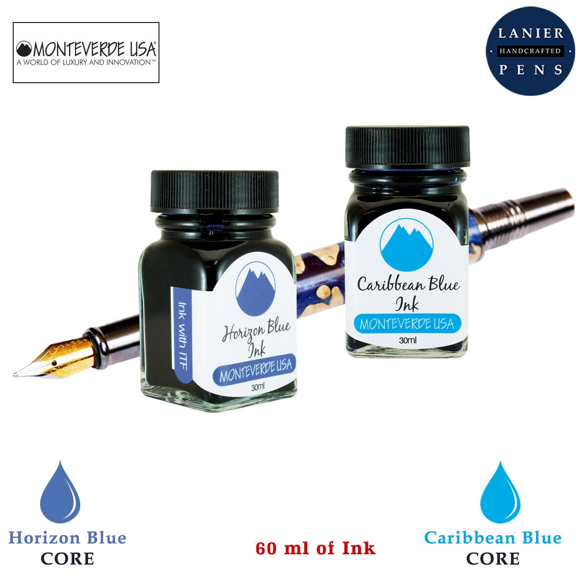 Monteverde 60ml Core Fountain Pen Ink Bottle (30ml Horizon Blue Ink Bottle G309HB, 30ml Caribbean Blue Ink Bottle G309CU)