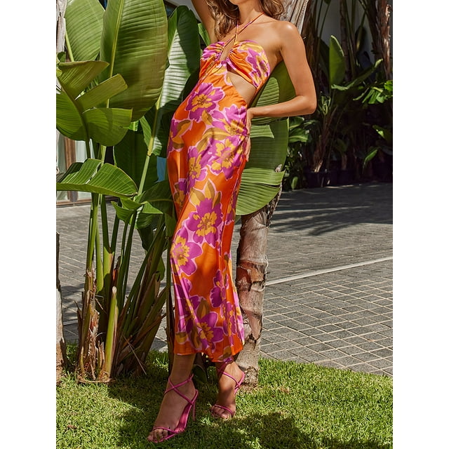 Women Sleeveless Halter Dress Elegant Tie-up Ruched Backless Zebra-stripe/ Flower Print Cutout Long Dress Maxi Party Cocktail