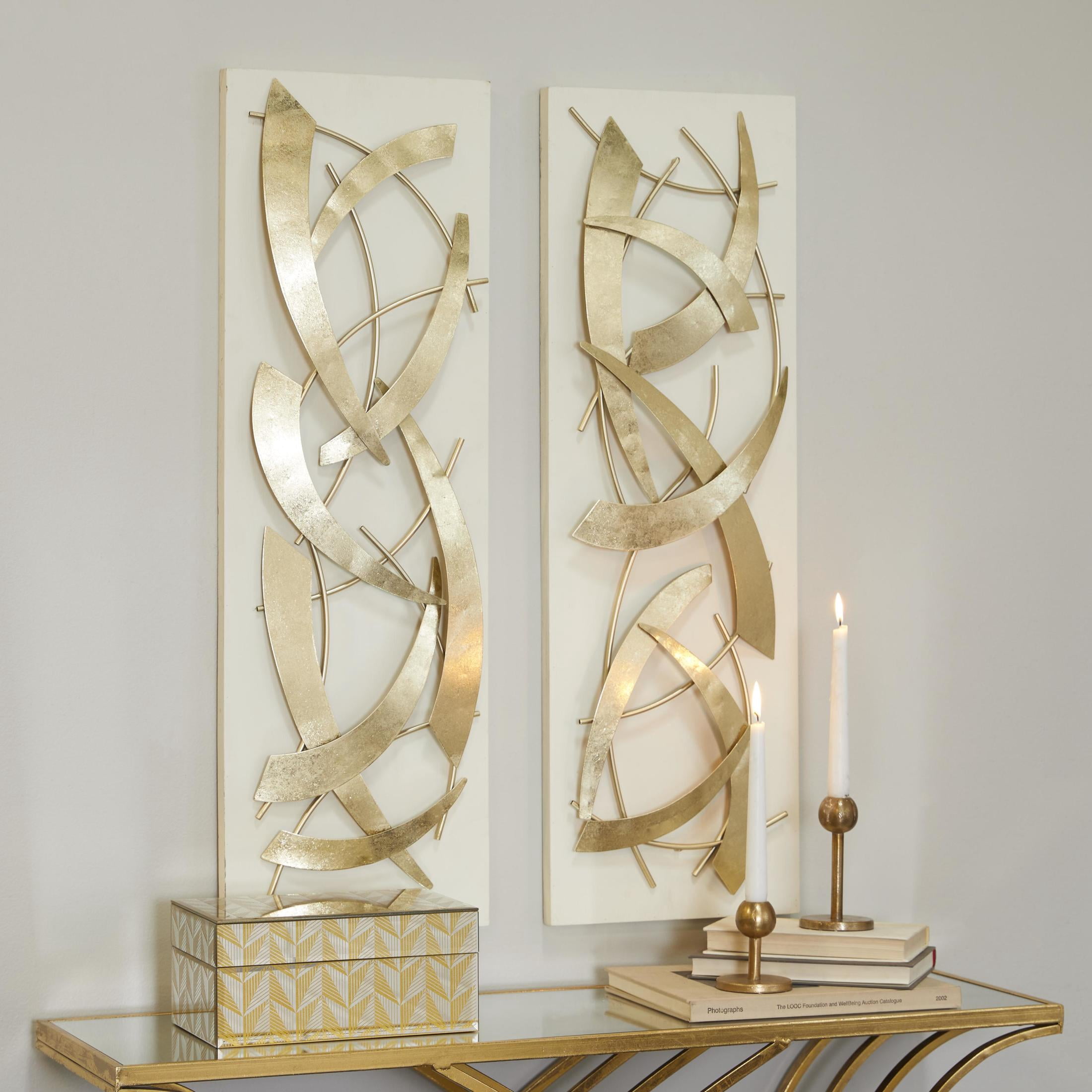 DecMode Contemporary Rectangular Wooden Frames with Curved Gold Metal Accents Wall Décor, Set of 2 12"W x 37"H