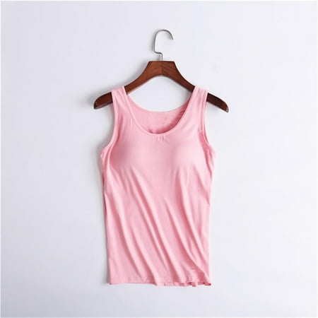 Nokdvo Shelf Bra Tank Tops for Women Shelf Bra Camisoles Adjustable Spaghetti Strap Shelf Bras Workout Basic Padded Undershirts Pink 2XL