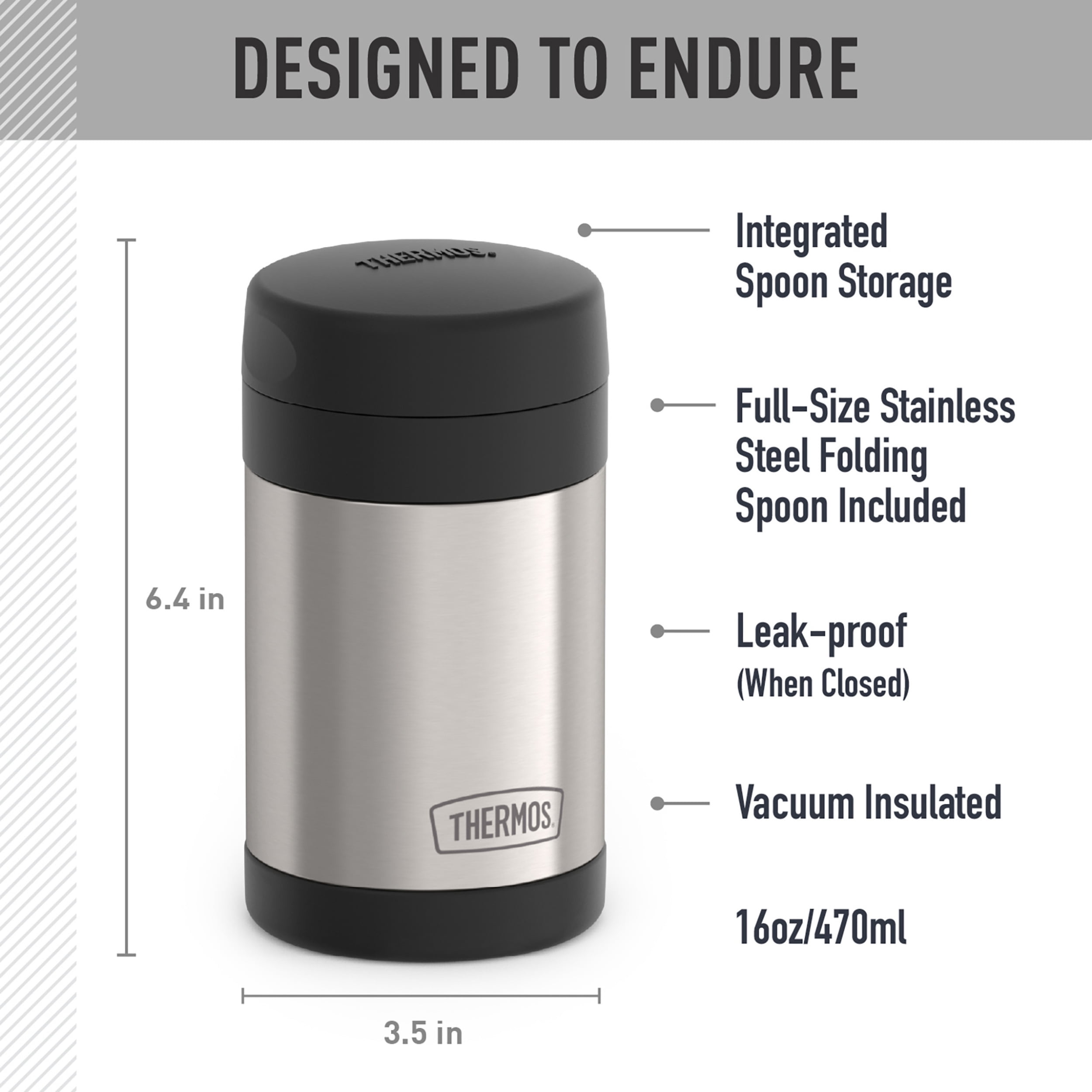 (4 pack) Thermos 16oz Insulated Food Jar with Folding Spoon, Stainless Steel