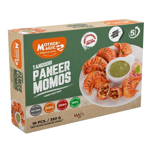 Mother's Magic Tandoori Paneer Momos 350G, Tandoori Paneer Momos – 350 g bag, frozen, 20 packs per case, creamy paneer with tandoori spices, steam-ready, aromatic and flavorful appetizer.