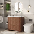 thumbnail image 1 of Modern Fluted Bathroom Vanity with Basin – Freestanding Bath Cabinet, 2 Drawers & Turn over-Down Drawer, Easy to Assemble & Clean, Single Basin Vanity Set, Walnut, 30 Inches, 1 of 9