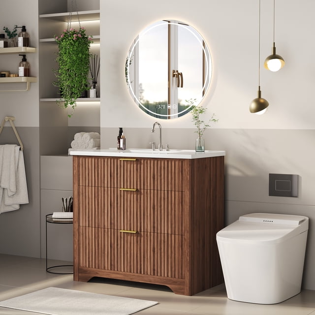 Fluted Bathroom Vanity with Basin - 2 Drawers & Turn-Down Storage - Easy Assembly & Cleaning - Modern Freestanding Cabinet, White, 36 Inches