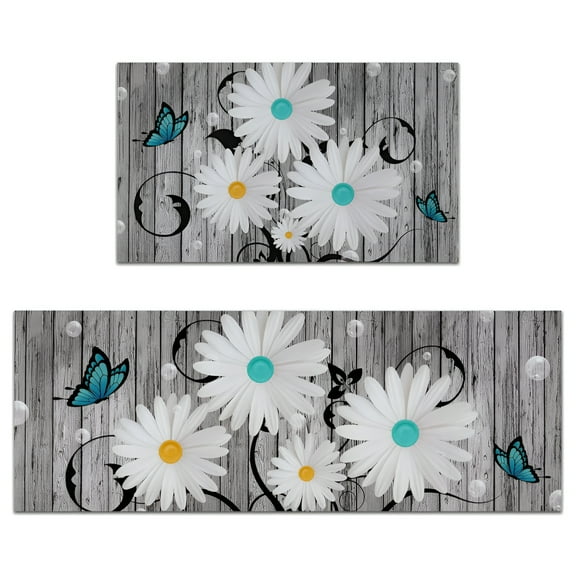 LAMIRO Kitchen Rug Sets 2 Piece, Rubber Kitchen Mats for Floor, Waterproof Kitchen Rugs and Mats Non Skid Washable, Farmhouse Floral Kitchen Floor Mat Carpet for Sink Laundry 18" x 48" 18" x 30"