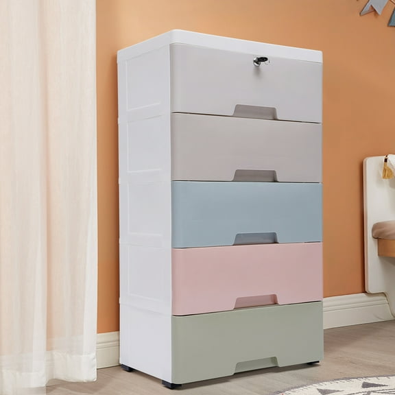 5-Drawer Storage Cabinet with Wheels & Lock, Macaron Color PP Organizer for Bedroom Living Room, 55LB Capacity