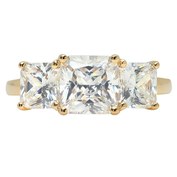 4.0 ct Square Emerald Cut Real Genuine Natural Diamond SI1-SI2 G-H 18K Yellow Gold Three-Stone Promise Wedding Statement Engagement Designer Ring size 5