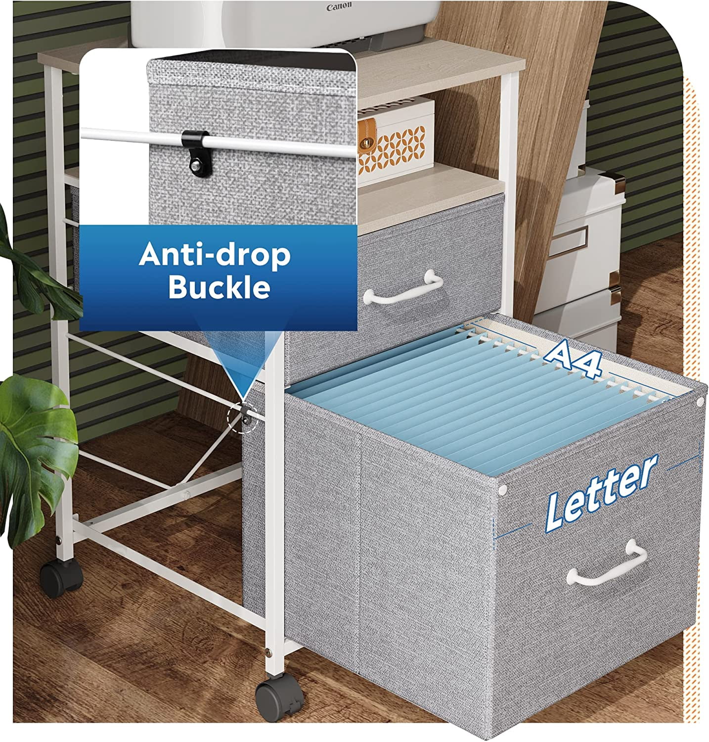 2 Drawer Mobile File Cabinet, Rolling Printer Stand with Open Storage Shelf, Fabric Vertical Filing Cabinet fits A4 or Letter Size for Home Office