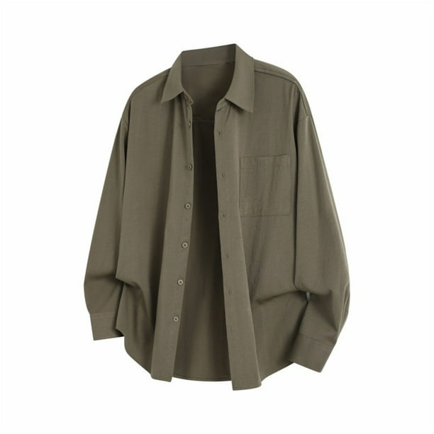 Blusa y camisa de manga larga con cuello vuelto para hombre, color liso, con botones y cuello vuelto, cárdigan de manga larga, blusa de poliéster para hombre