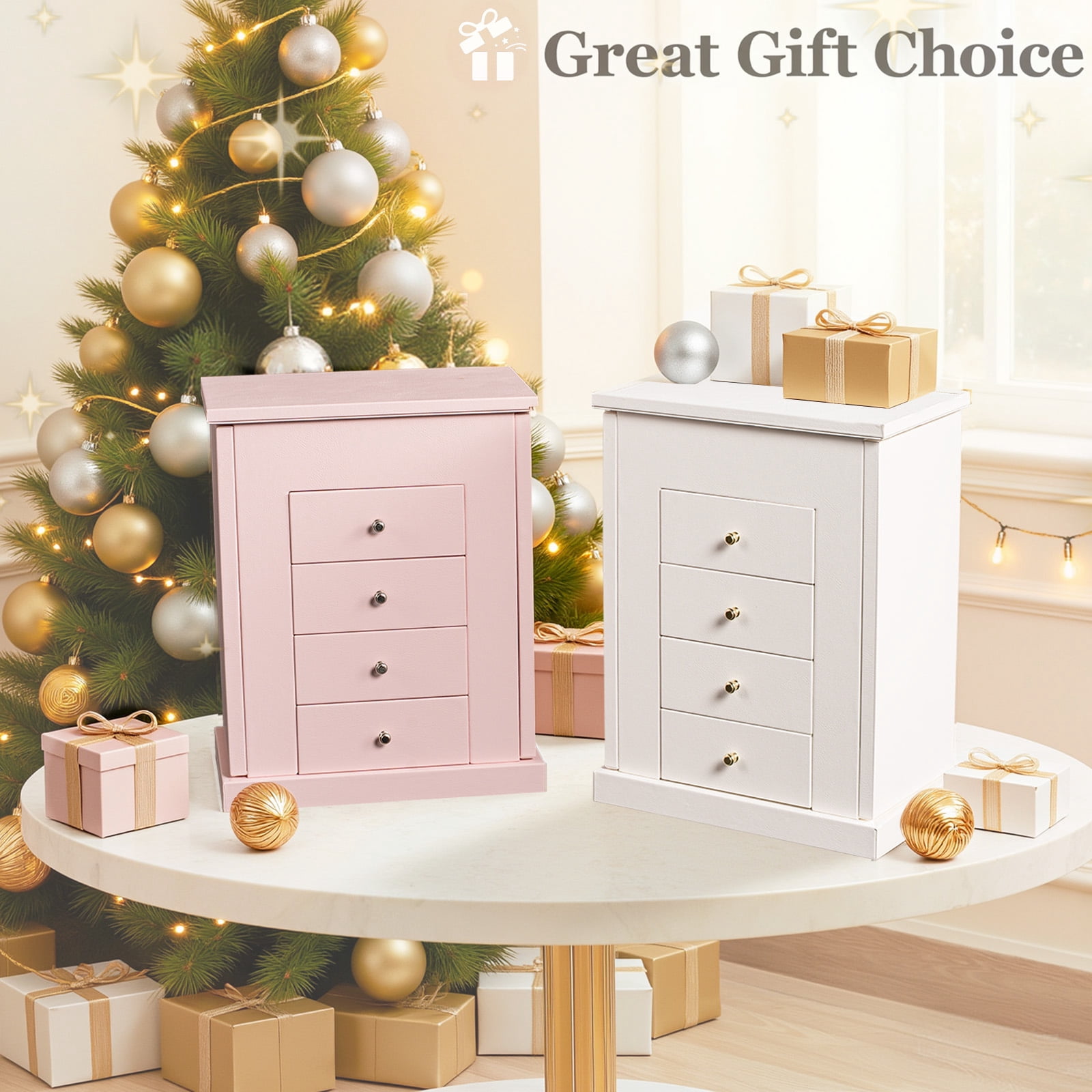 Leather Jewelry Box for Women, 5 Layer Large  Jewelry Organizers Box for Necklaces Earrings Rings Bracelets, Organizer with Drawers and Mirror, Pink