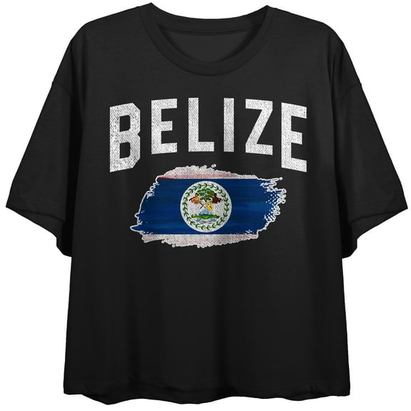 Belize Distressed Flag Crew Neck Short Sleeve Women's Black Crop Top-Medium