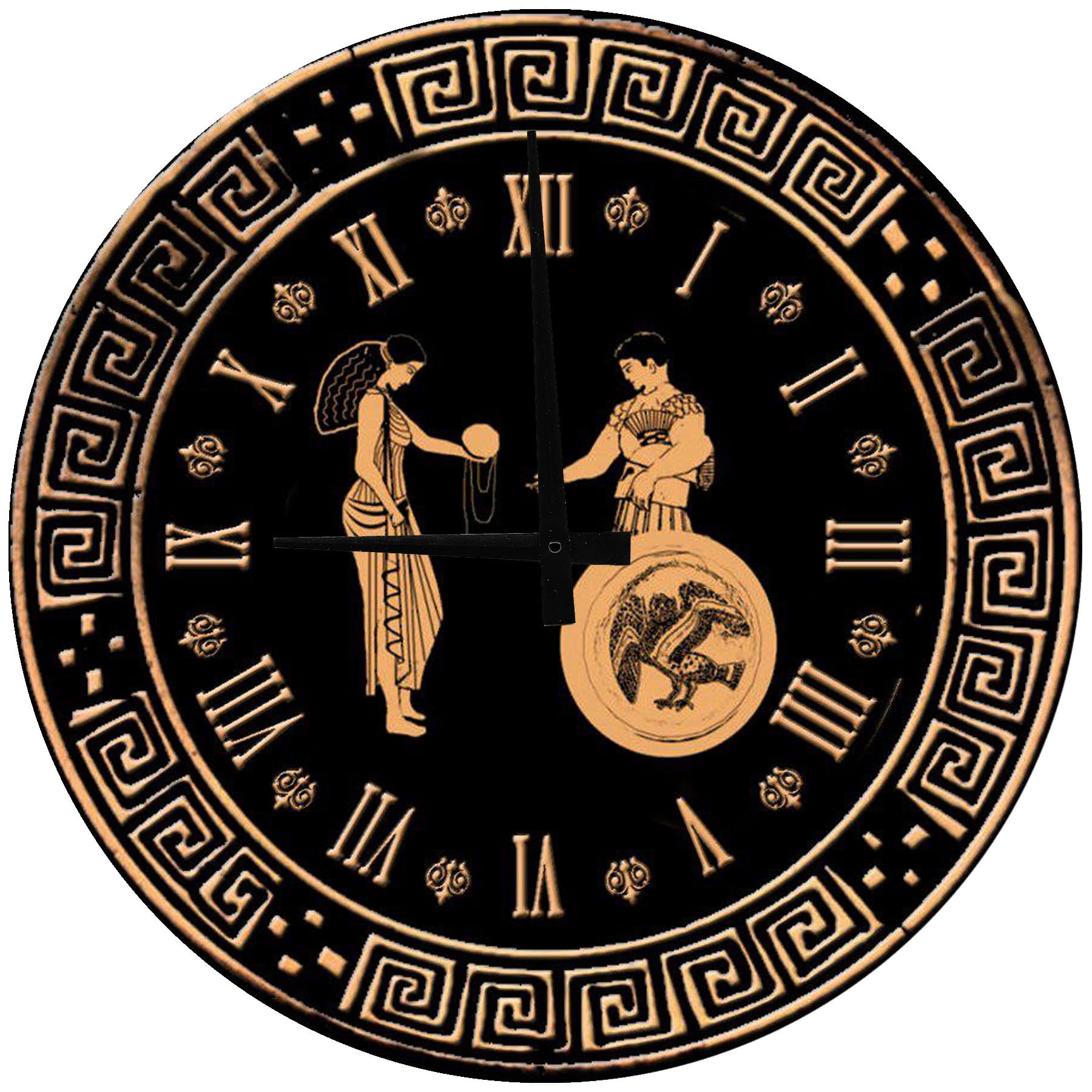 Large Wood Wall Clock 24 Inch Round Greek Roman Black and Gold Round