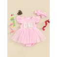 thumbnail image 2 of EYIIYE Barboteuse-Robe d'Anniversaire pour Bébés Filles, Robe de Princesse d'Été pour Nouveau-Né, Combinaison à Manches Volantées, Barboteuses avec Broderie de Lettres, Robe Justaucorps à Col Ras du Cou avec Bandeau, Vêtements Décontractés et Mignons pour Tout-Petits, 2 of 9