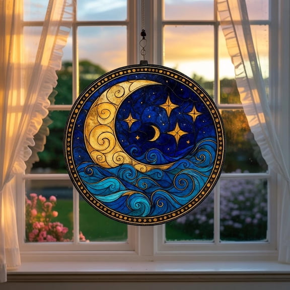Moon & Stars Acrylic Suncatcher Crescent Moon Window Hanging, Night-Sky Window Art, Starry Blue Wave Ornament
