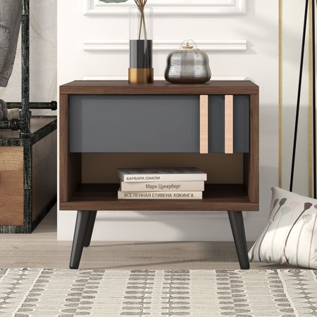BTMWAY Farmhouse Nightstand  Rustic Night Stand with Storage Drawer  Modern Pine Wood Bedside Table for Bedroom  Vintage Sofa Side Table End Table for Living Room  Walnut