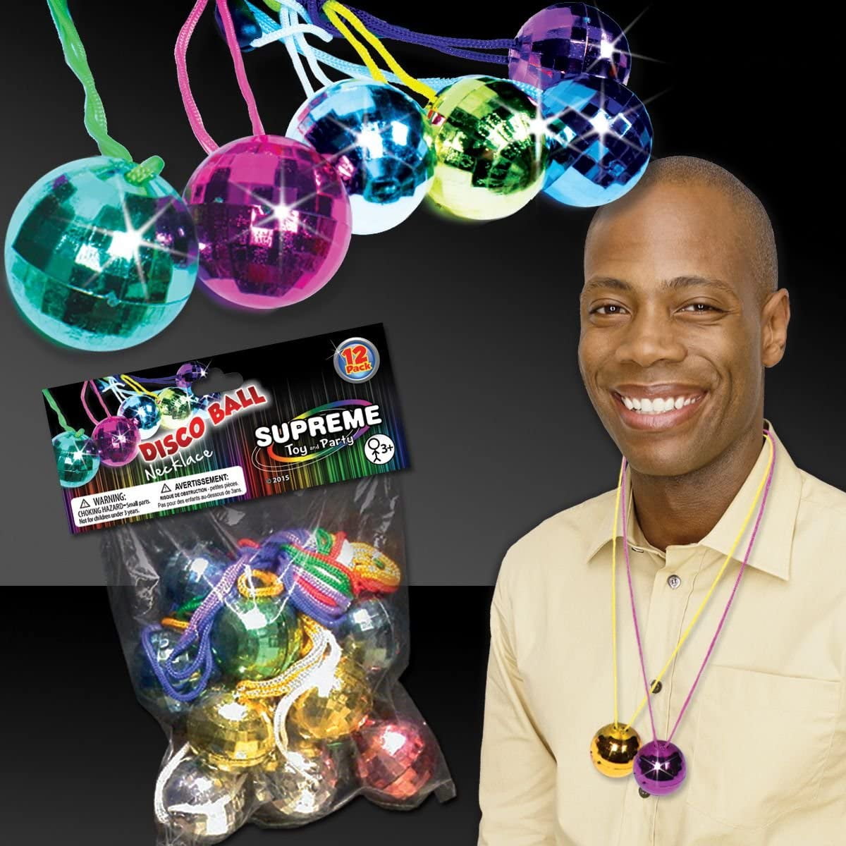 12 Pack 1" Assorted Color Mirror Disco Ball Necklace Party Favors