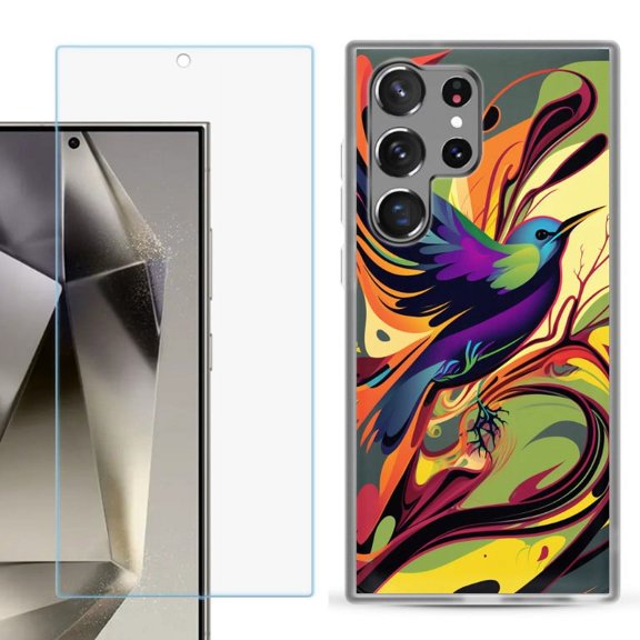 OneToughShield ® Compatible with Samsung Galaxy S24 Ultra, Shockproof Phone Case, with Tempered Glass Screen Protector - Abstract Bird