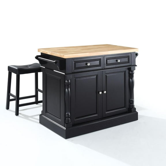 Crosley Furniture Oxford Wood Kitchen Island with Saddle Stools in Black