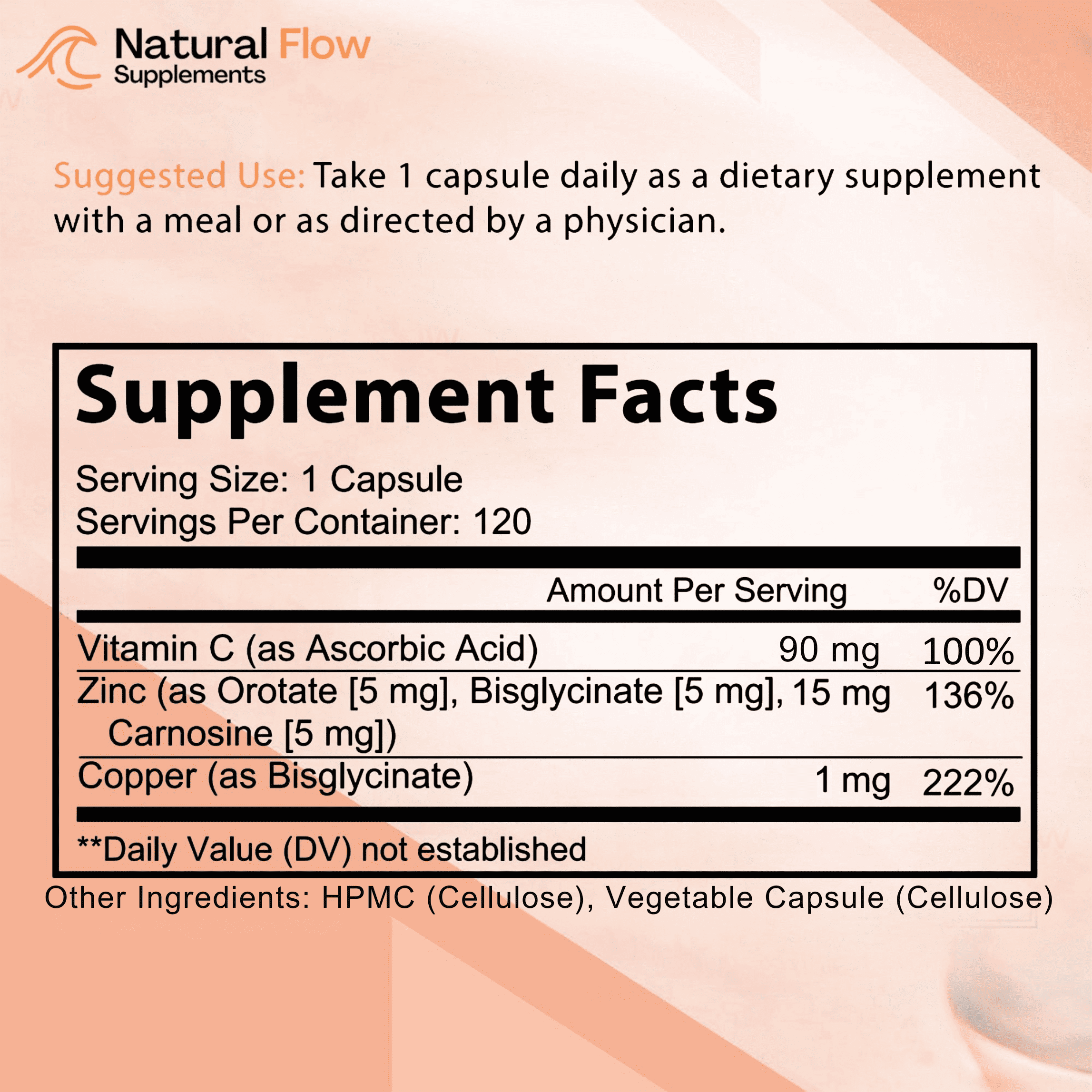 Natural Flow Supplements 3X Zinc Supplement Complex, Copper and Vitamin C Blend, Immune Support Aid, 120 Caps