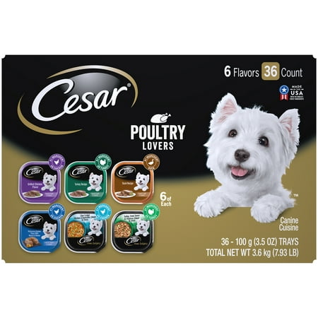 CESAR Wet Dog Food Poultry Lover's Variety Pack Wet Dog Food, (36) 3.5 oz. Trays with real Chicken, Turkey or